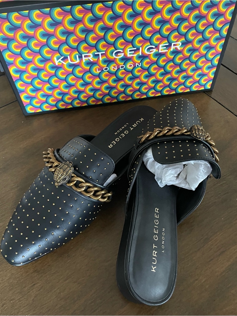 Kurt Geiger Chelsea Black Leather Studded Chain-Trim Slip-On Mules